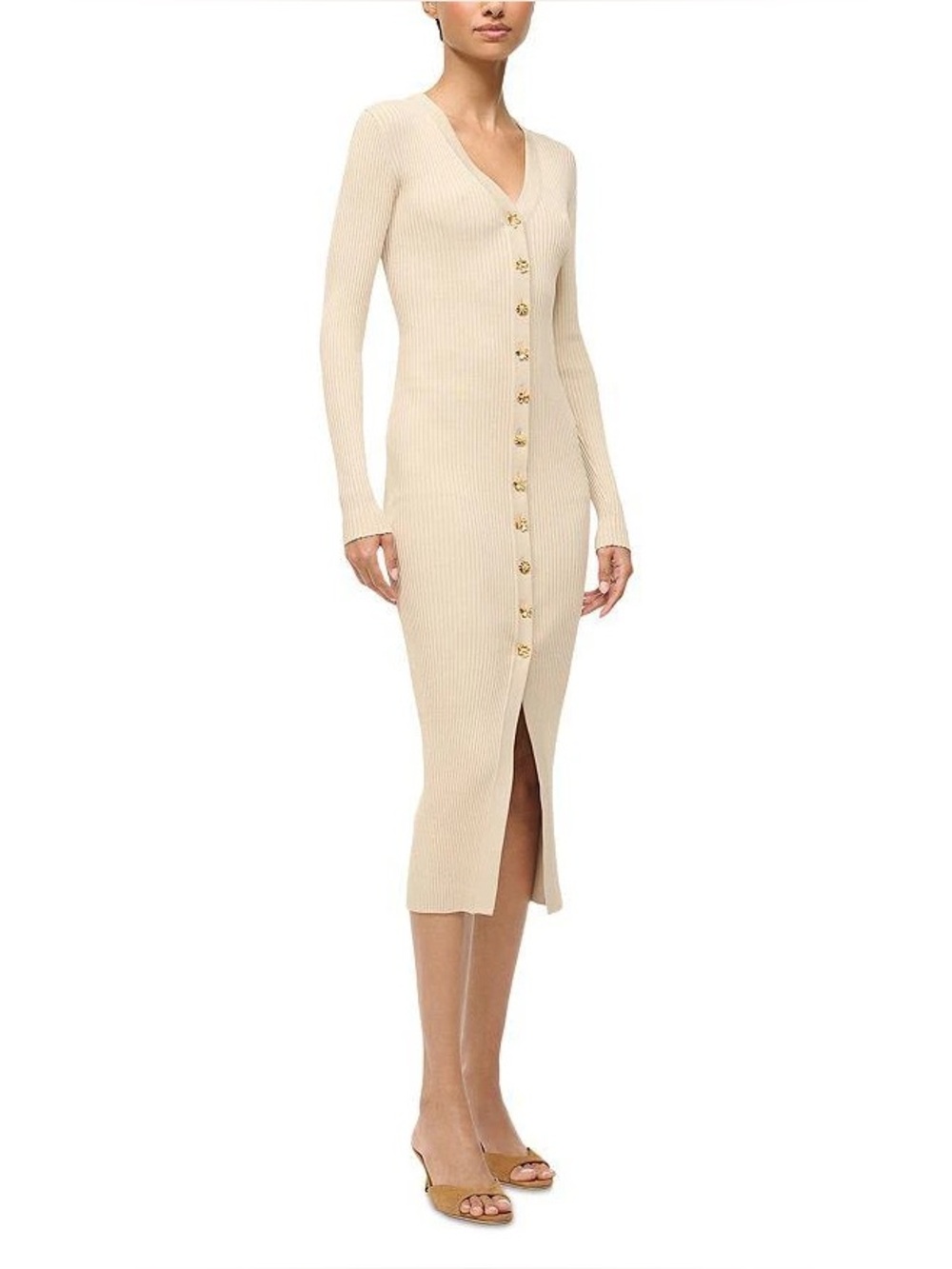 NWT Staud Beige Shoko Sweater Midi Dress size S color stone flower buttons